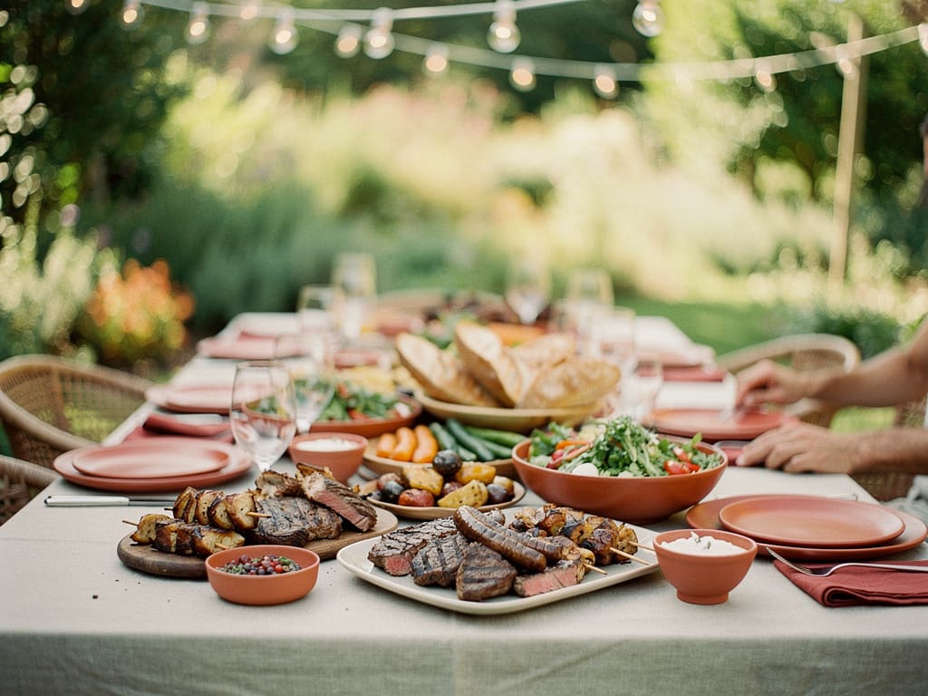 Tavolo lungo all'aperto con grigliata mista per una festa privata