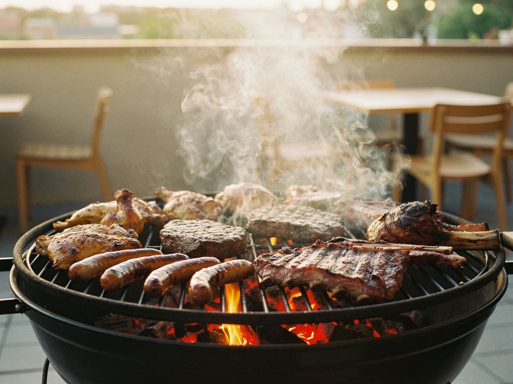 Griglia a carbone con grigliata mista e costine affumicate su una terrazza