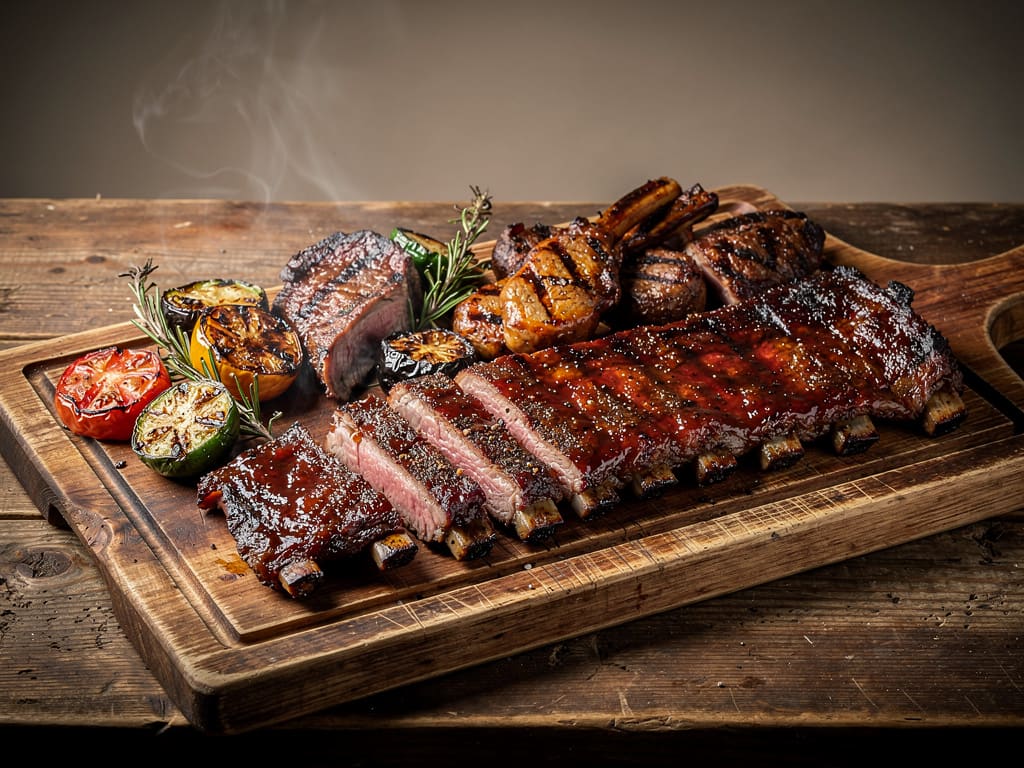 Piatto di carne grigliata mista con costine e verdure su tavola in legno